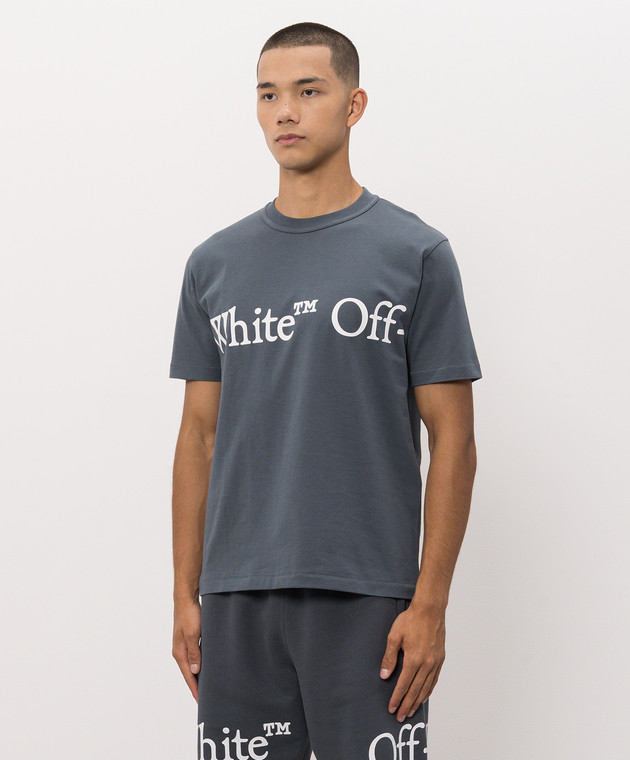 Off-White Голубая футболка с контрастным принтом логотипа 44MAA16MF26J00G изображение 3