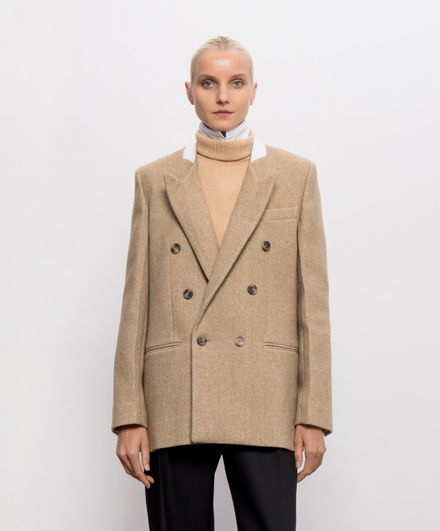 Victoria Beckham Бежевый двубортный жакет Beatrice с шерстью 1326WJK007353C изображение 3