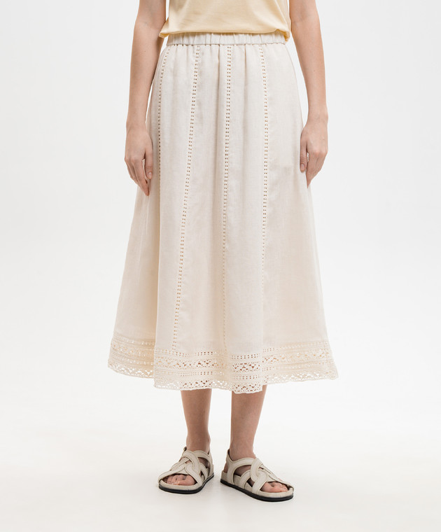 Max Mara Weekend Юбка цвета айвори GERGO из льна с вышивкой WKDGERGO изображение 3