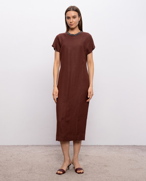 Brunello Cucinelli Коричневое платье с леном MH126AHB51