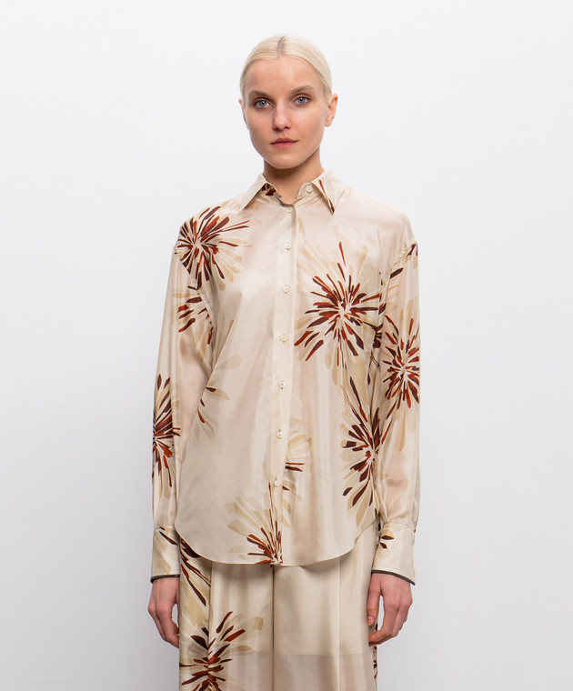 Brunello Cucinelli Бежевая блуза из шелка в брендовый принт MQ967RH206 изображение 3