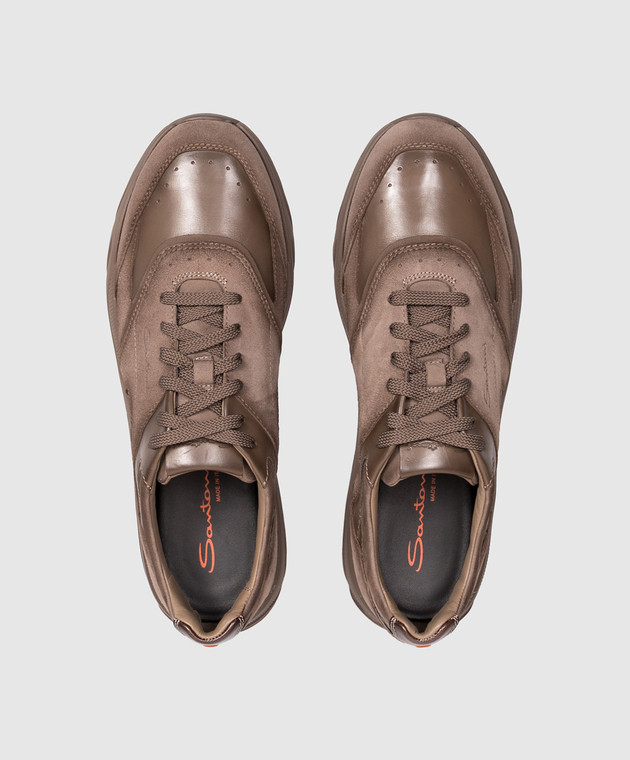 Santoni Коричневые кожаные кроссовки с тиснением логотипа MBIM22112CPATKOH изображение 4