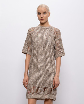 Brunello Cucinelli Бежевое ажурное платье с шелком и леном MEA345A90P