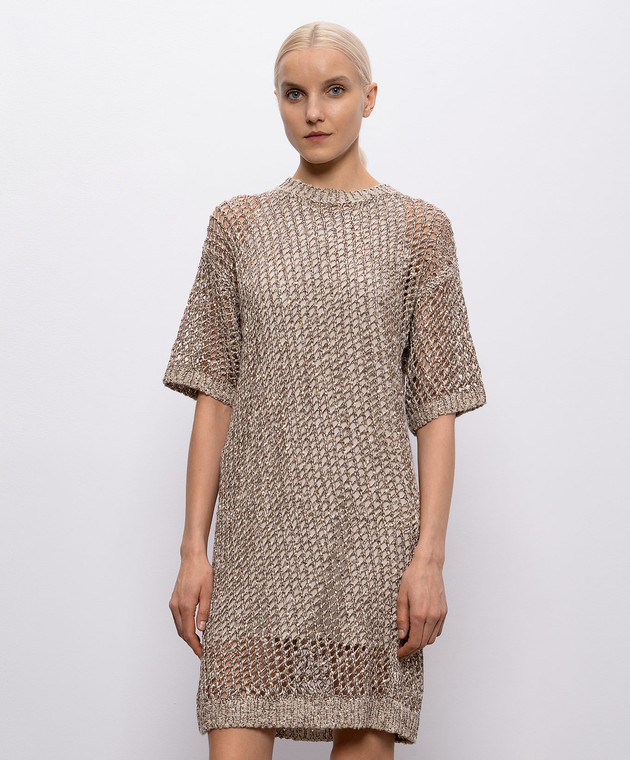 Brunello Cucinelli Бежевое ажурное платье с шелком и леном MEA345A90P изображение 3