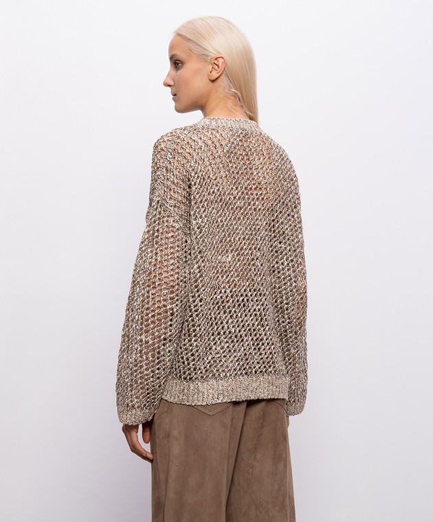 Brunello Cucinelli Бежевый ажурный джемпер с шелком и льном с пайетками MEA345600P изображение 4