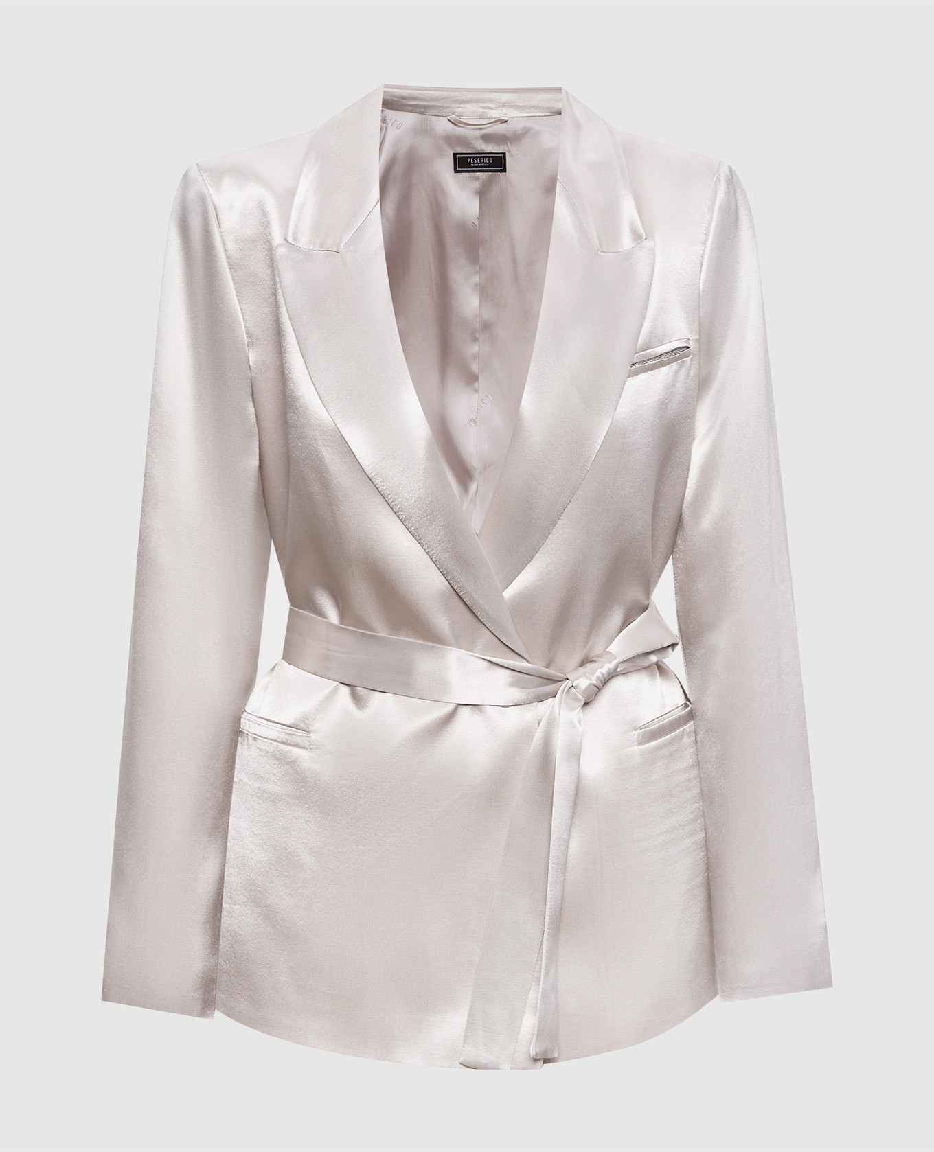 Бежевий двобортний жакет з поясом