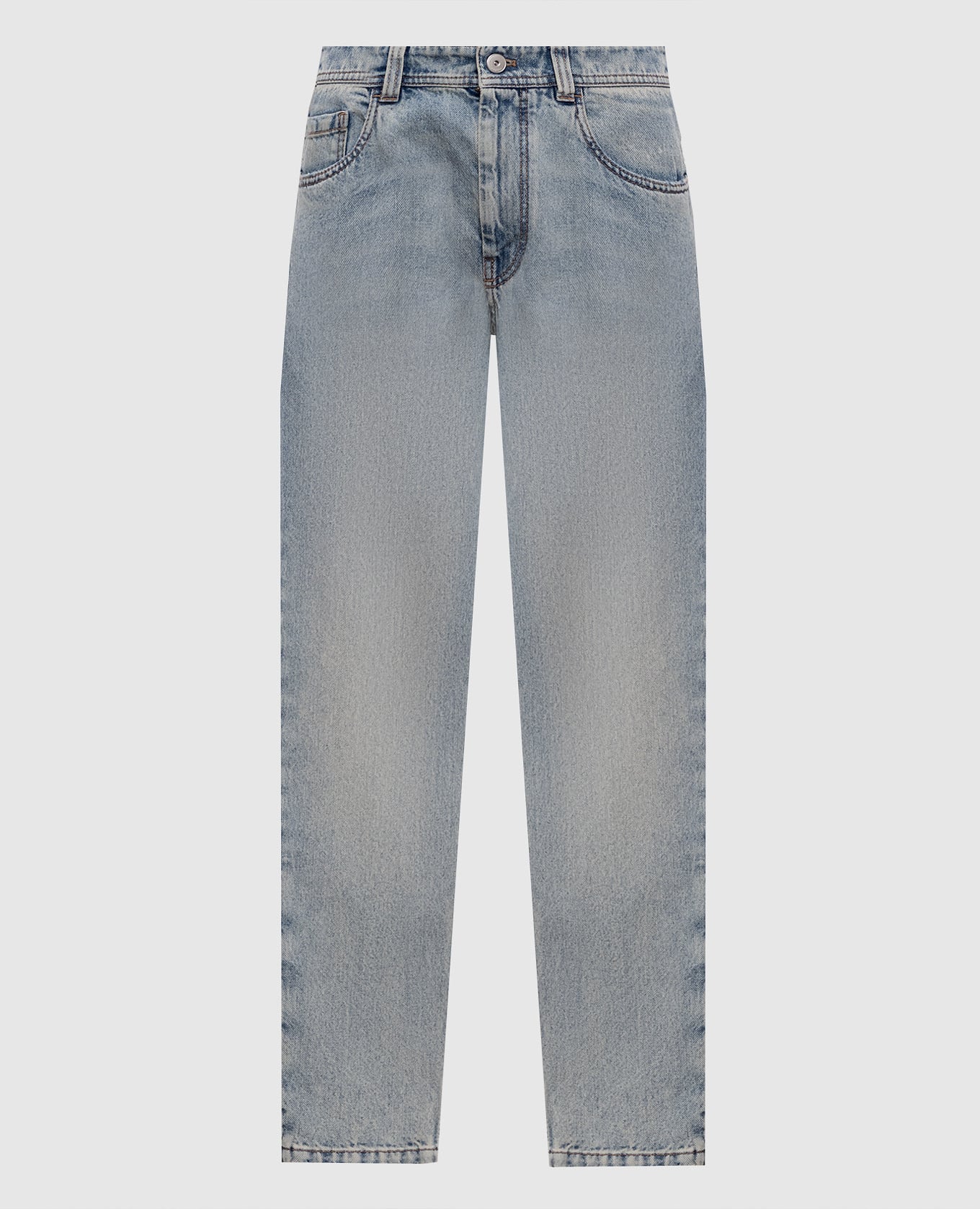 Голубые джинсы мом с эффектом потертости