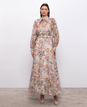 Nissa Бежевое платье из льна и шелка в цветочный принт RC16550