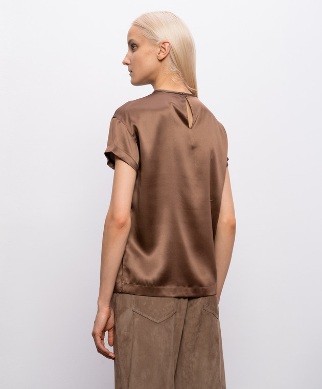 Brunello Cucinelli Коричневая блуза из шелка с отворотами MPC59DE310 изображение 4