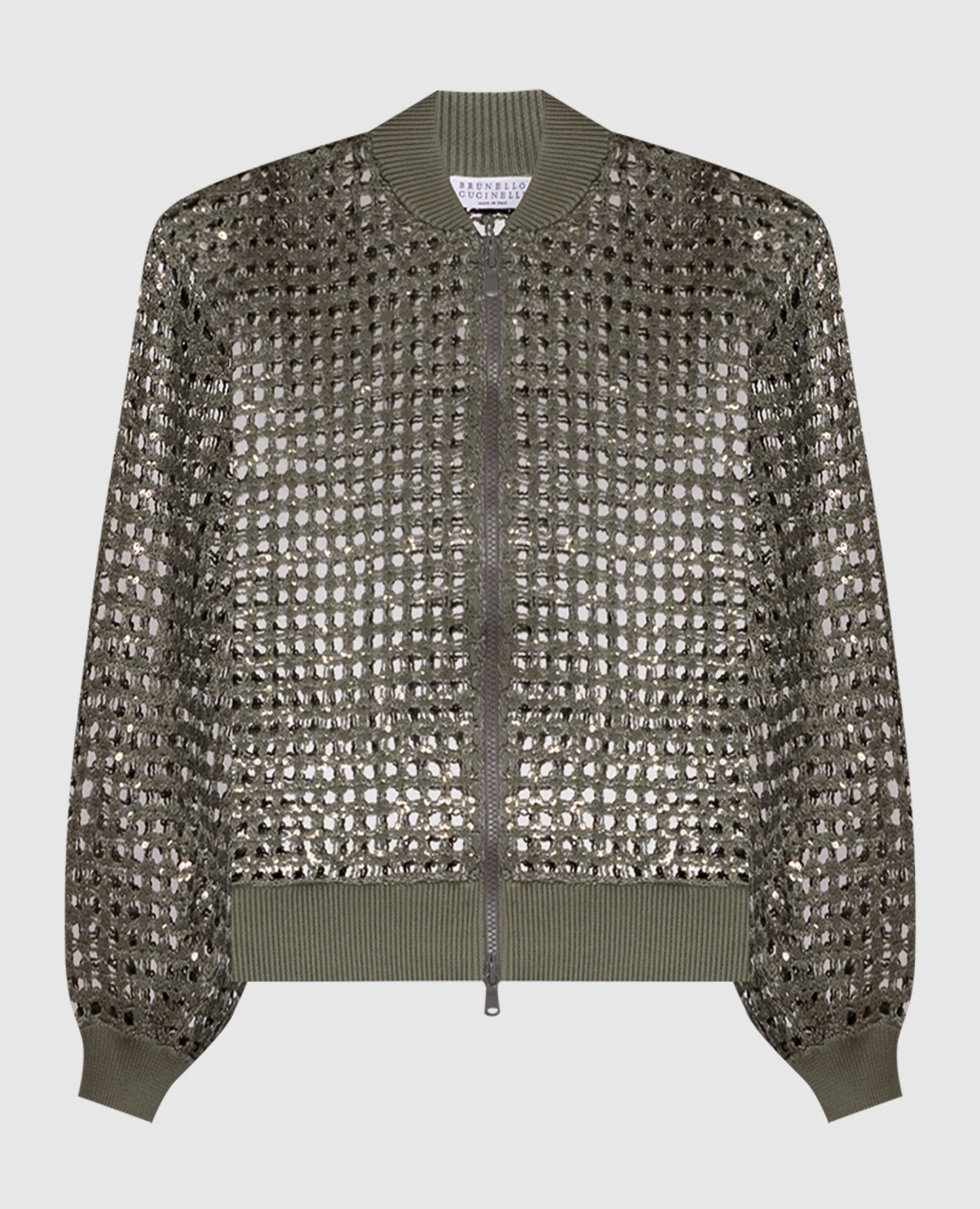 

Ажурный кардиган цвета хаки из шелка и льна в пайетке, Кардиганы
