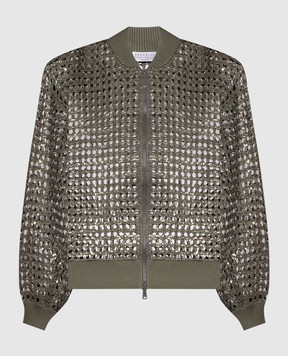Brunello Cucinelli Ажурний кардиган кольору хакі із шовку та льону в паєтки MCBR11806