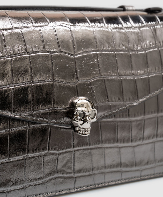 Alexander McQueen Серая кожаная сумка-трапеция с тиснением под кожу крокодила 8746191HBA3 изображение 4
