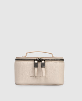 Brunello Cucinelli Бежева шкіряна косметичка з принтом логотипа MWCAM2728