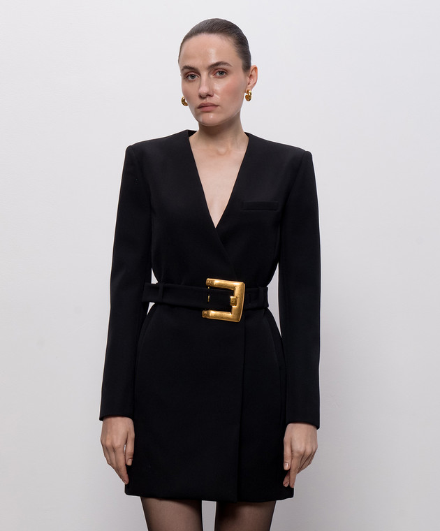 Balmain Черное двубортное платье-жакет из шерсти с поясом HF1R9462WC09 изображение 3