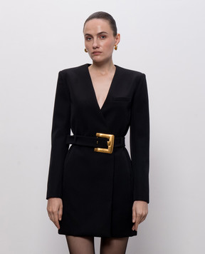 Balmain Черное двубортное платье-жакет из шерсти с поясом HF1R9462WC09