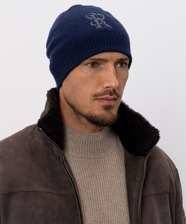 Stefano Ricci Синя шапка з кашеміру з нашивкою монограми K606040CUFF26305 зображення 2