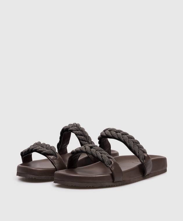 Brunello Cucinelli Коричневі шкіряні шльопанці з ланцюжком моніль MZGAG3159 зображення 2