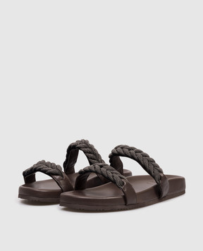 Brunello Cucinelli Коричневі шкіряні шльопанці з ланцюжком моніль MZGAG3159