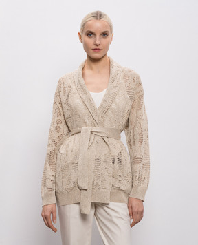 Brunello Cucinelli Бежевый ажурный кардиган на запах из льна MDT771006