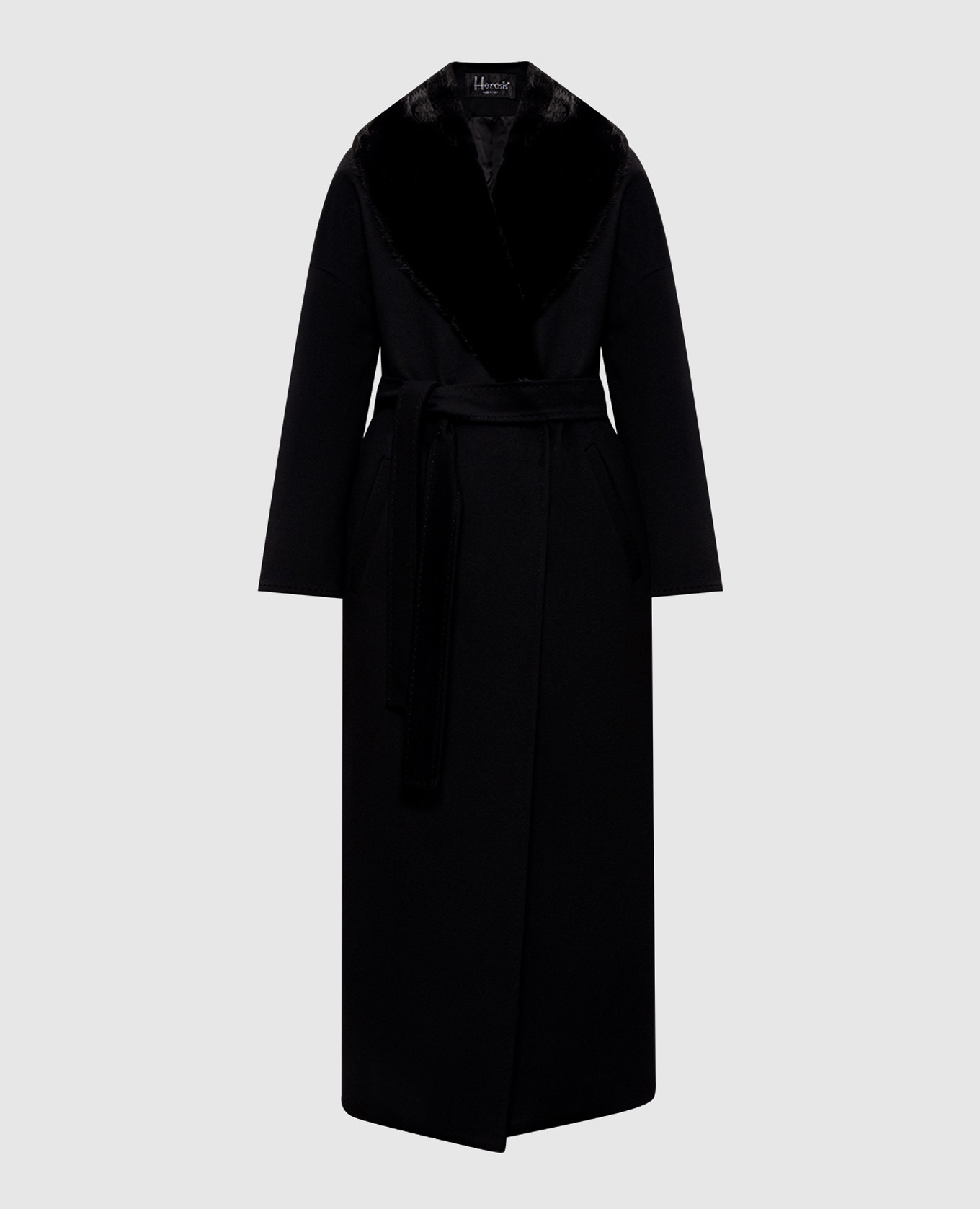 

Черное пальто на запах из шерсти с мехом норки, Черный, Пальто