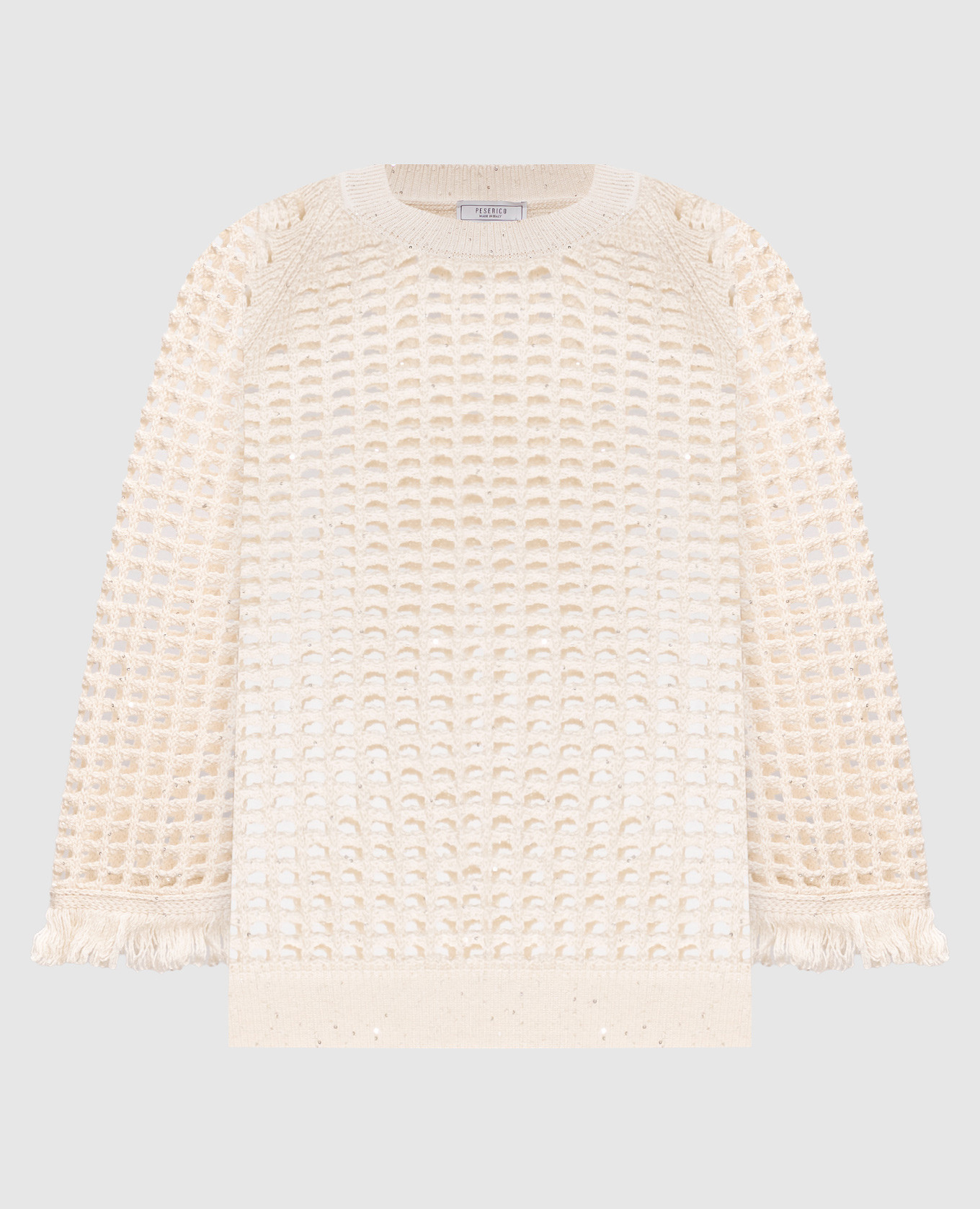 Бежевый ажурный джемпер с пайетками и бахромой