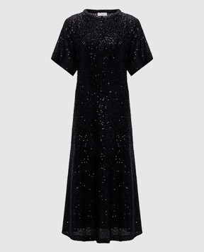 Brunello Cucinelli Чорна сукня міді з льону, кашеміру та шовку в паєтки MDJ560A90
