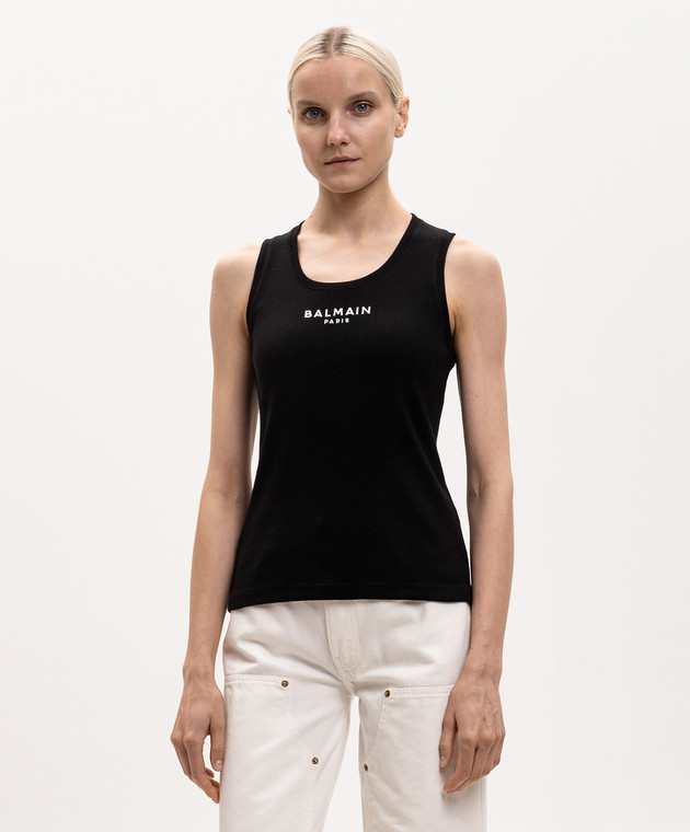 Balmain Черная футболка с контрастной вышивкой логотипа HF1EB075BD10 изображение 3