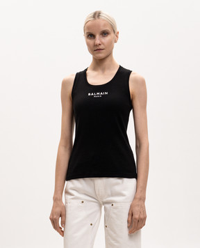 Balmain Черная футболка с контрастной вышивкой логотипа HF1EB075BD10