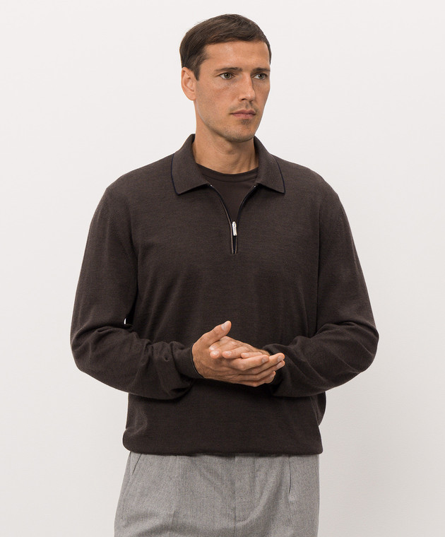Bertolo Cashmere Коричневое поло из шелка и шерсти на молнии 90263600258758 изображение 3