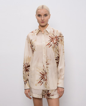 Brunello Cucinelli Бежевая блуза из шелка в брендовый принт MQ967RH206