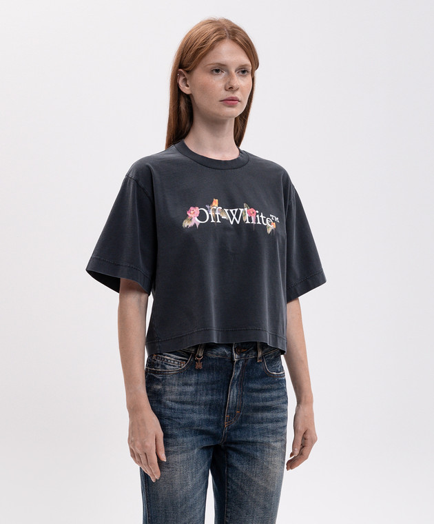 Off-White Серая укороченная футболка с цветочным принтом логотипа 2FA00640T изображение 3