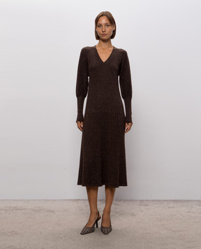 Brunello Cucinelli Коричневое платье с кашемиром в рубчик M9A895A92