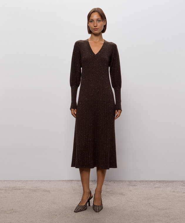 Brunello Cucinelli Коричнева сукня з кашеміром в рубчик M9A895A92 зображення 3