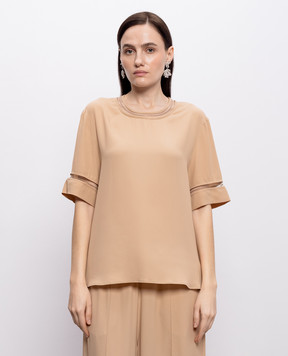 Fabiana Filippi Коричнева блуза із шовком з ланцюжком моніль TPD266F289L775