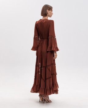 Twinset Коричневое платье-плиссе с рюшами 262TP2690