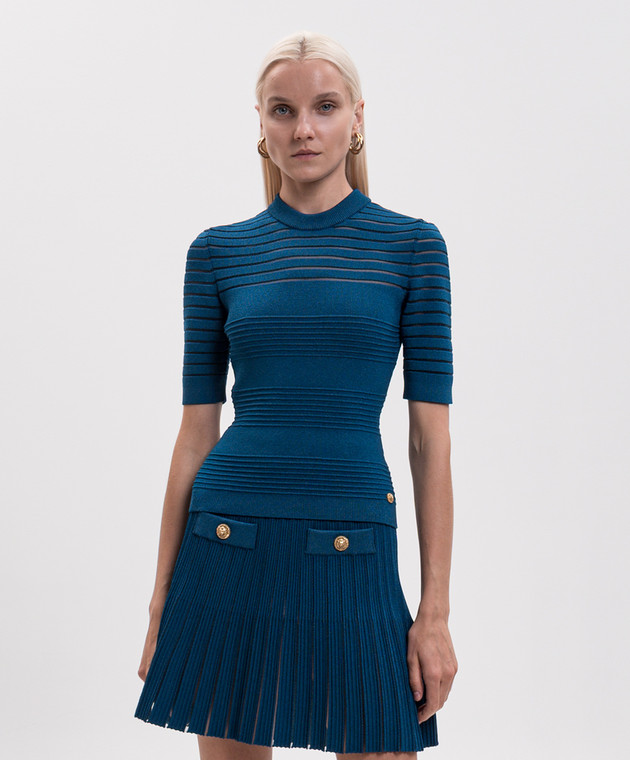 Balmain Синій топ з фактурним візерунком смужка HF1ALB50KK10 зображення 3