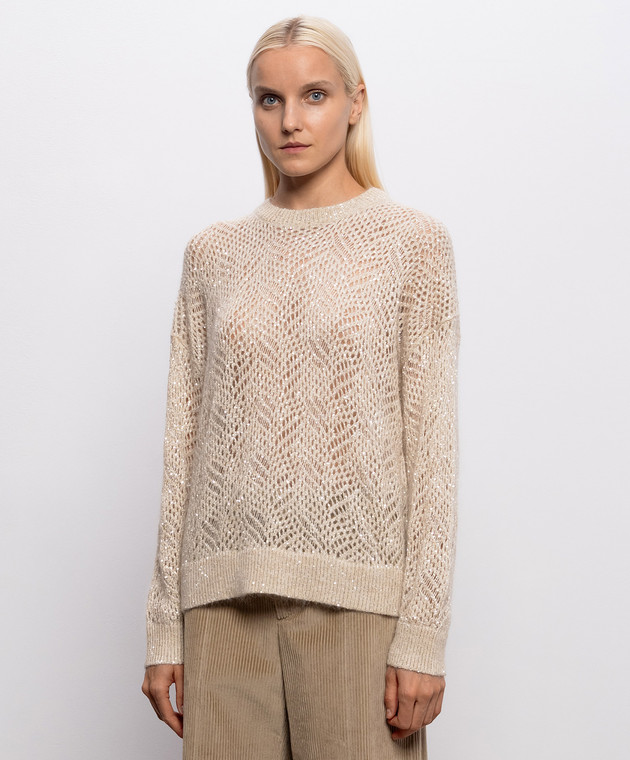 Brunello Cucinelli Бежевый ажурный свитер с шерстью MRG562500 изображение 3