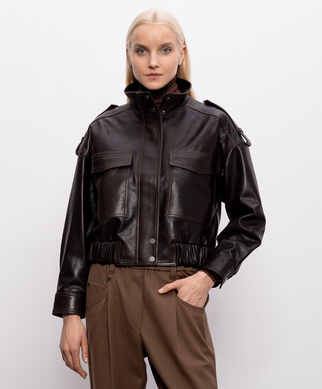 Babe Pay Pls Коричневая кожаная куртка с накладными карманами 2605AMAZON изображение 3