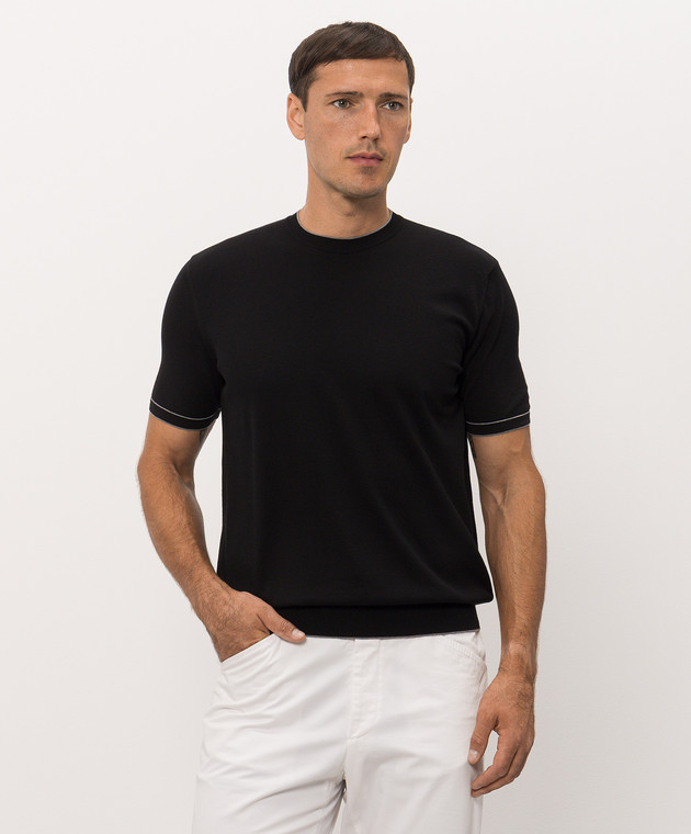 Bertolo Cashmere Черная футболка с контрастным окантованием 902204002056 изображение 3