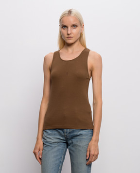 Saint Laurent Коричневая майка в рубчике с вышивкой монограммы логотипа 842992Y37EC
