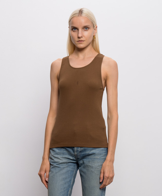 Saint Laurent Коричневая майка в рубчике с вышивкой монограммы логотипа 842992Y37EC изображение 3