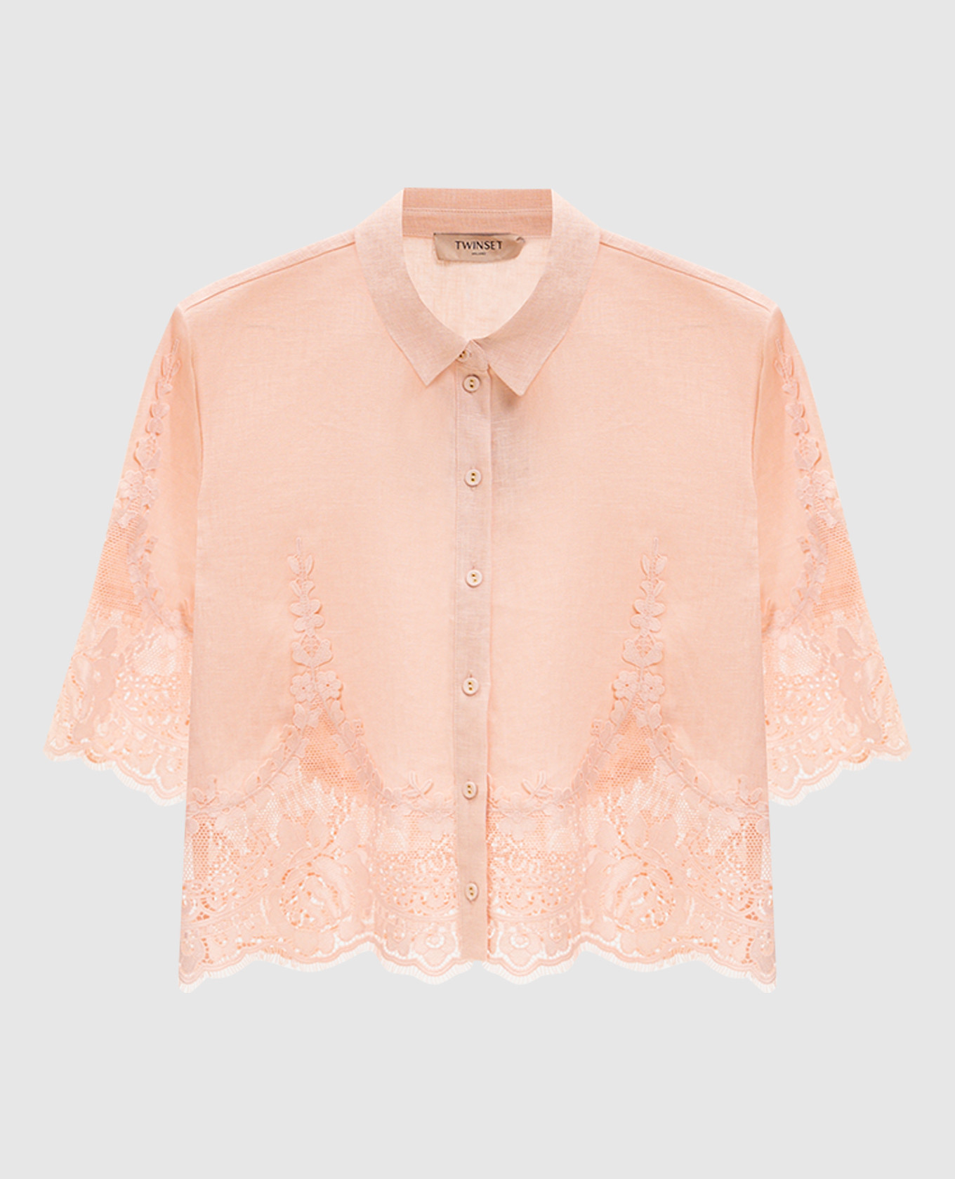Розовая укороченная блуза из льна с кружевом