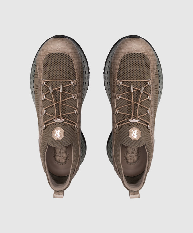 Stefano Ricci Комбинированные кроссовки с кожей крокодила цвета хаки UR88G6665TSCT изображение 4