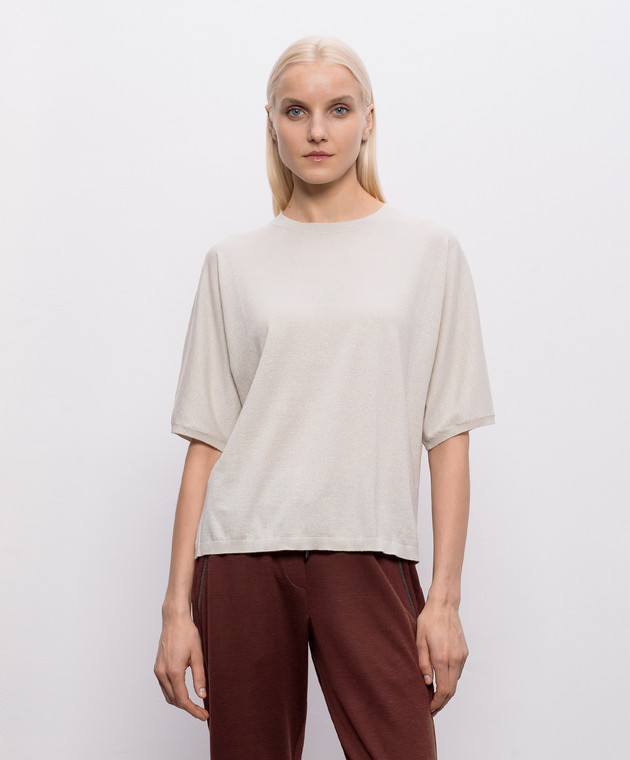 Brunello Cucinelli Бежевый топ с кашемиром и шелком с люрексом M41835700P изображение 3