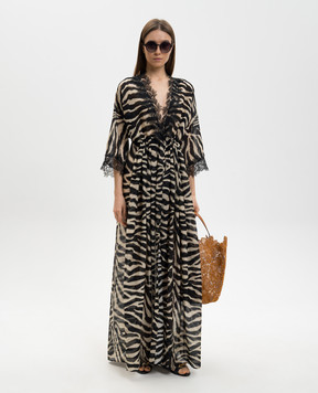 Ermanno Scervino Life Чорна сукня-кімоно максі в анімалістичний принт з мереживом D484Q702YAJI