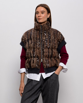 Brunello Cucinelli Коричневый пуховый жилет с шерстью с пайетками M0NLR7183P