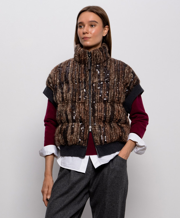Brunello Cucinelli Коричневый пуховый жилет с шерстью с пайетками M0NLR7183P изображение 3
