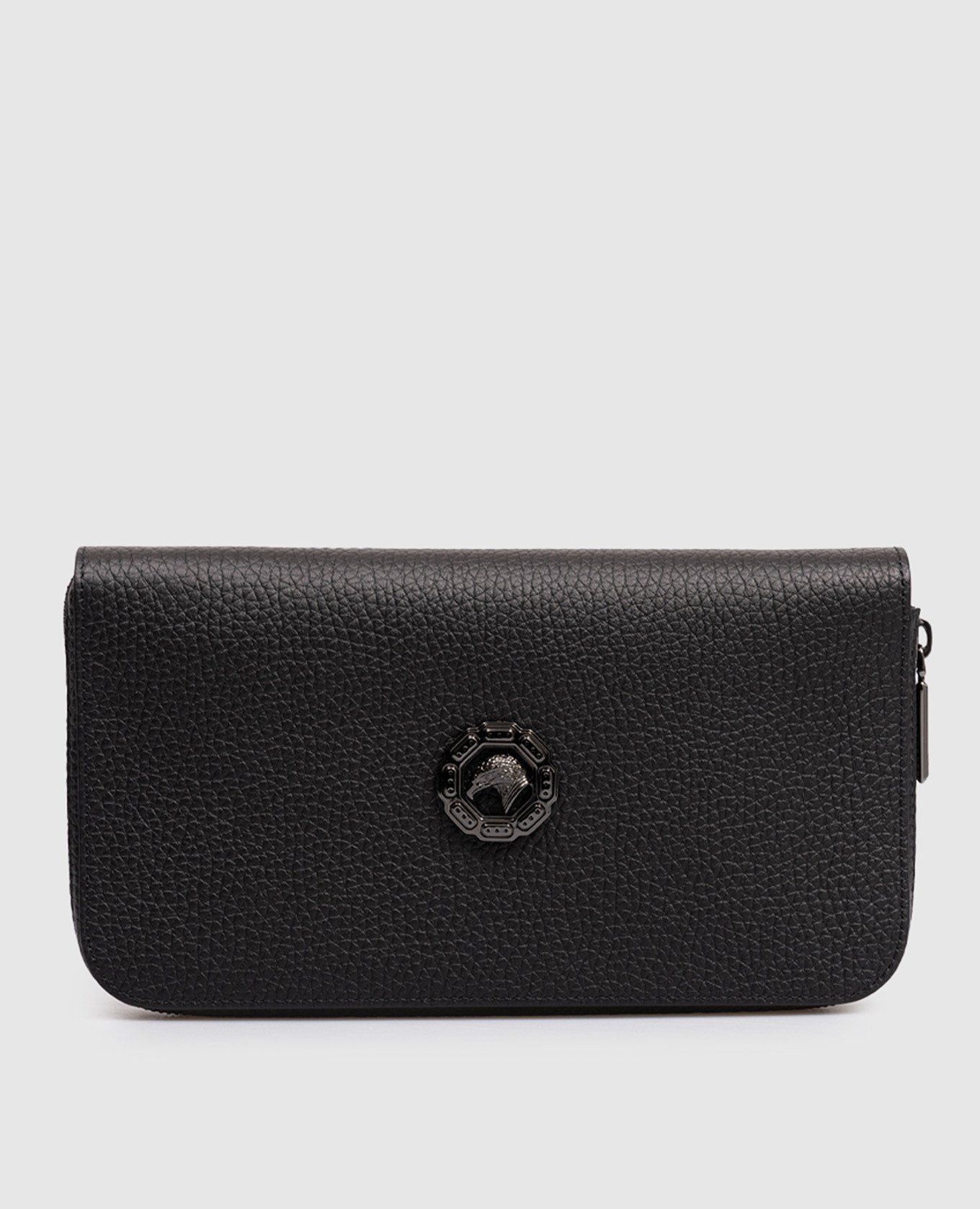 

Черный кожаный кошелек-клатч с металлической эмблемой, Кошельки