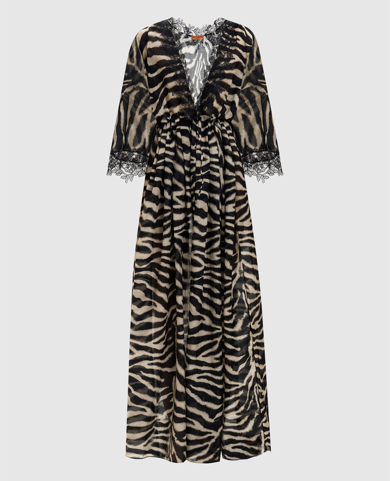 

Черное платье-кимоно макси в анималистичный принт с кружевом, Черный, Повседневные платья