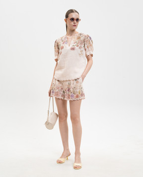 Twinset Бежевая блуза из льна в цветочный принт 261TT2573
